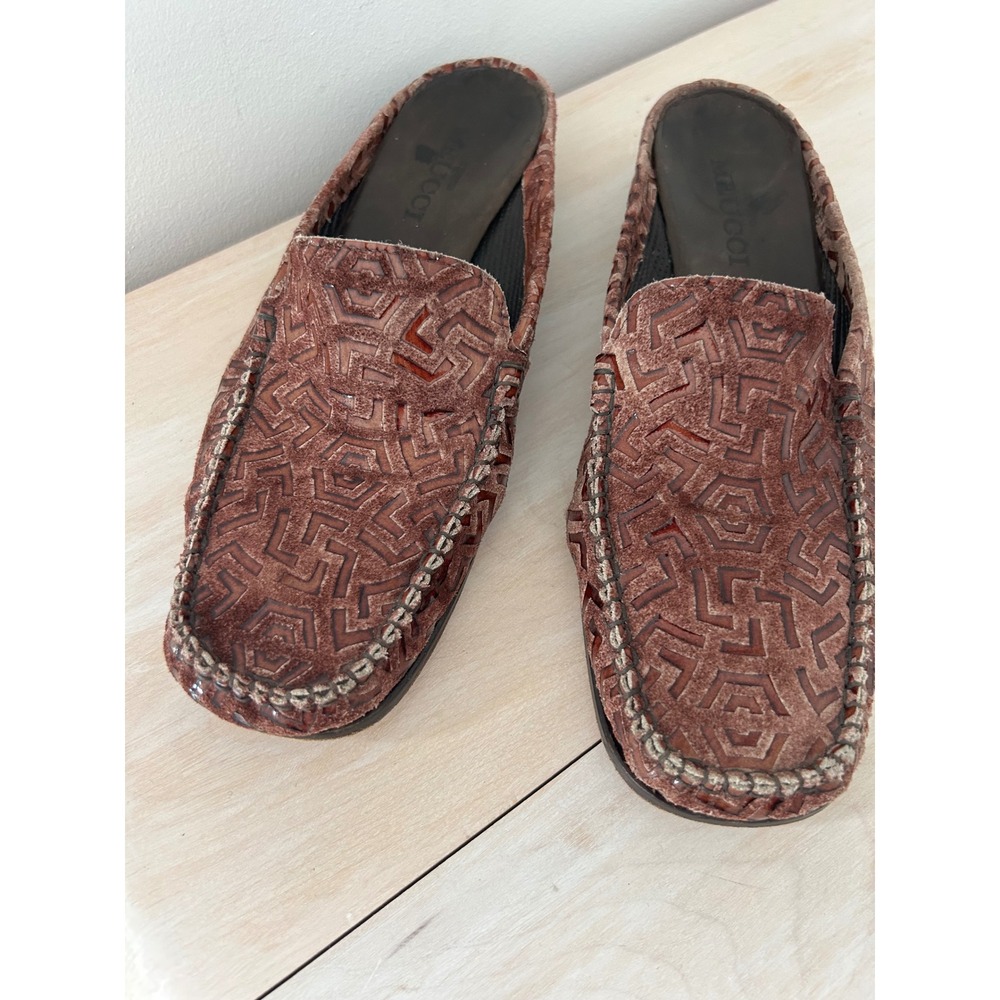 Sesto Meucci Brown Leather Geometric Laser Cut Mules Loafers Made in Italy 8.5M